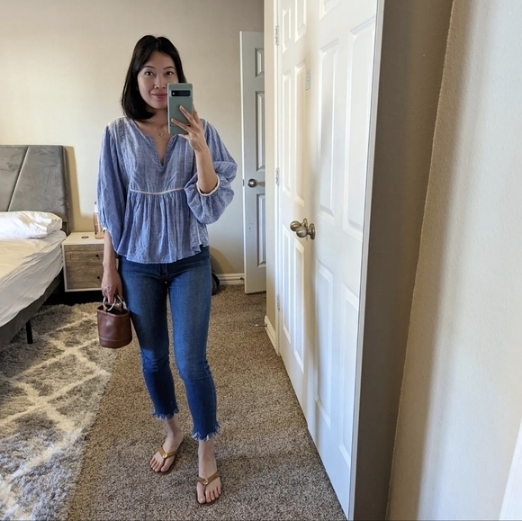 Zara Balloon Sleeves Tunic Top Split Neck Blue S Bohemian Prairiecore Casual - Picture 2 of 9